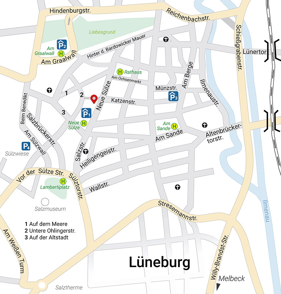 Karte Nahraum Zahnarztpraxis Dr. Ullrich Zennecke, Lüneburg mit Parkmöglichkeiten und Haltestellen - © Hackenberg - lichtbild.org